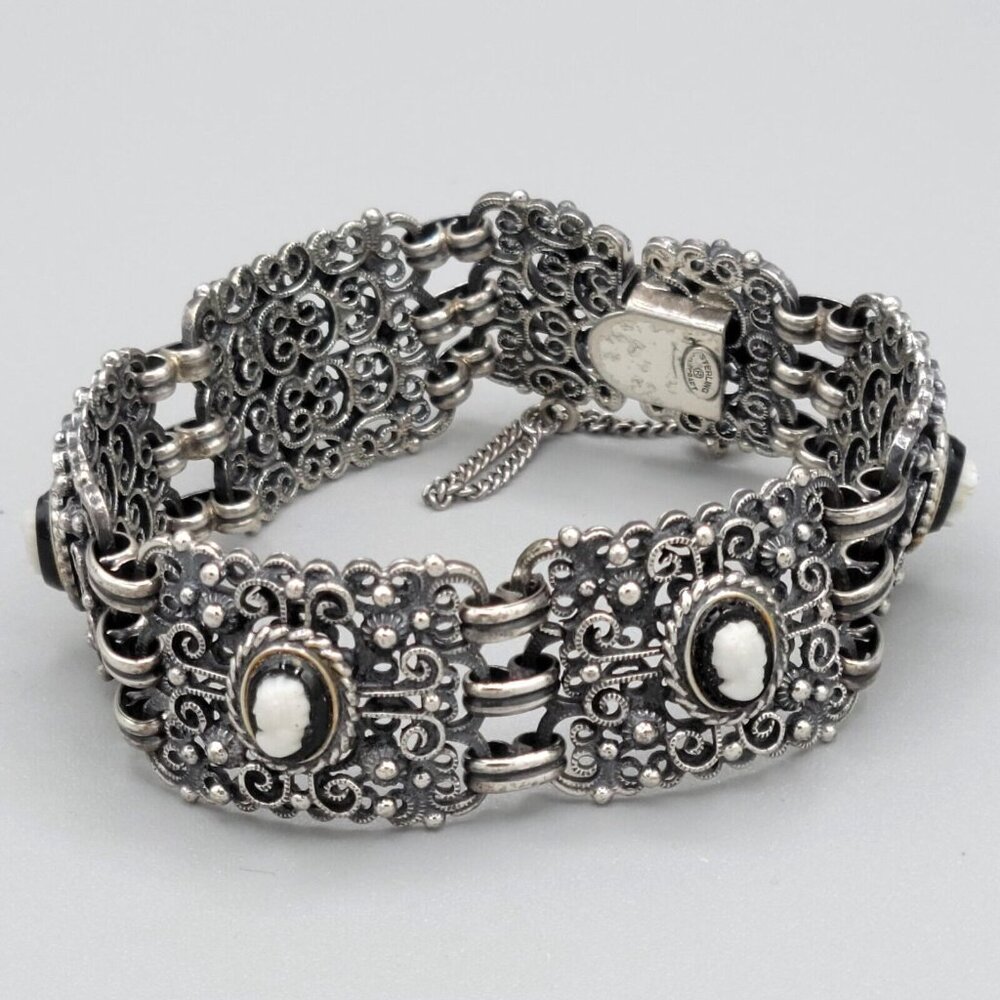 Vintage Danecraft Sterling Silver Filigree Mini Cameos Bracelet Earrings Set - Picture 5 of 13
